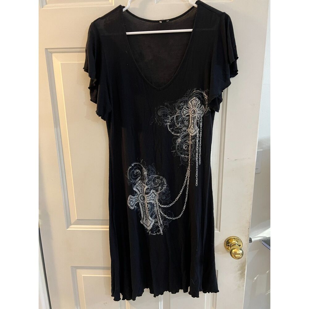 Y2K Goth Graphic Angel Wings Cross Small Dress Black Flutter Sleeve Rhinestones